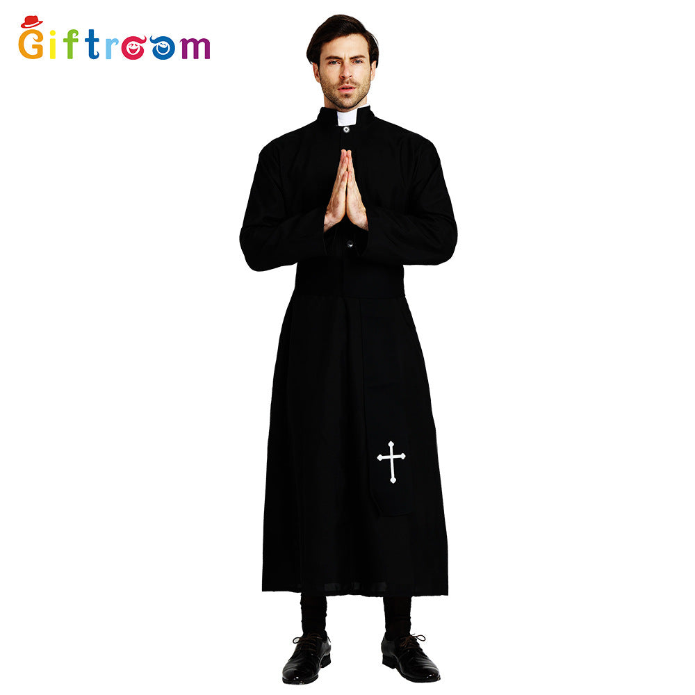 Halloween Costume Drama Stage Performance Costume Male Noble Black Robe Priest Western Party Cosplay Costume