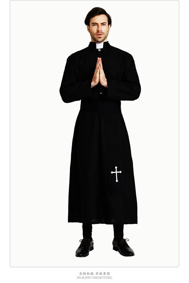 Halloween Costume Drama Stage Performance Costume Male Noble Black Robe Priest Western Party Cosplay Costume