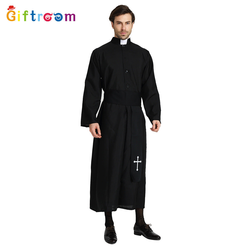 Halloween Costume Drama Stage Performance Costume Male Noble Black Robe Priest Western Party Cosplay Costume