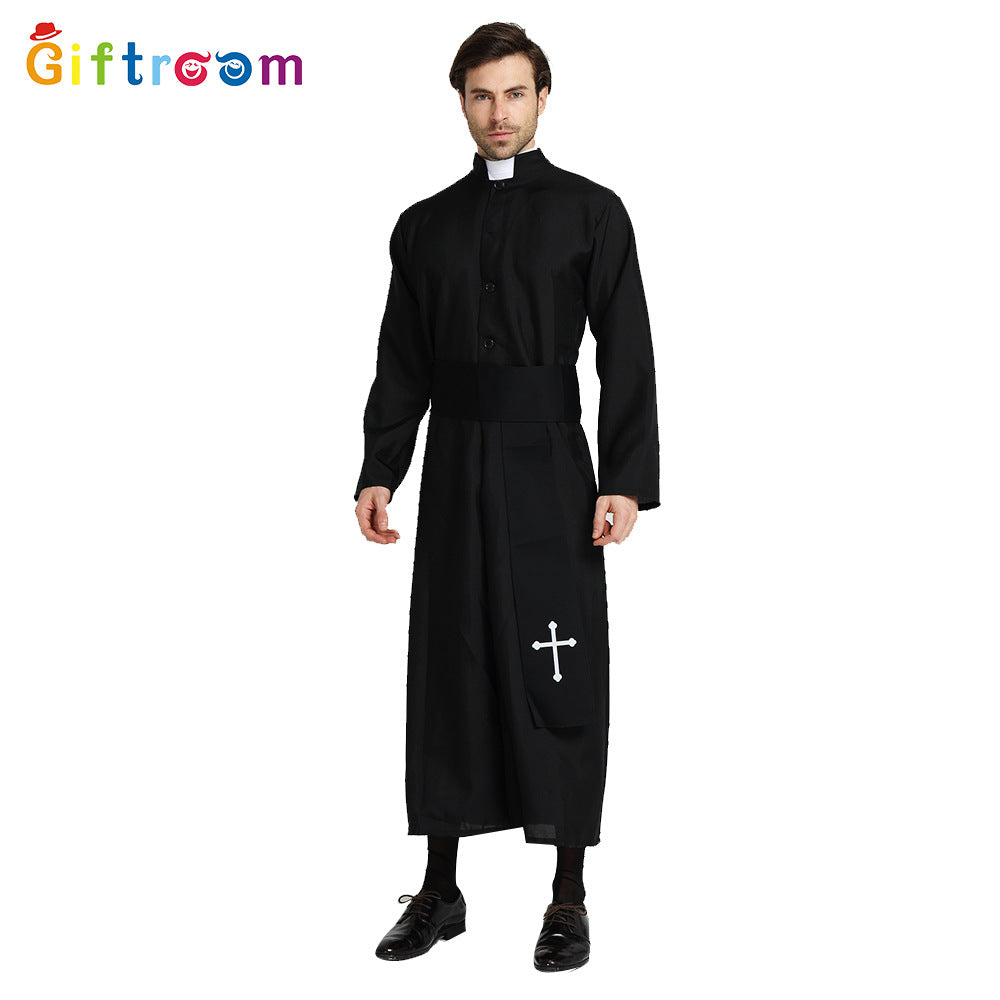 Halloween Costume Drama Stage Performance Costume Male Noble Black Robe Priest Western Party Cosplay Costume