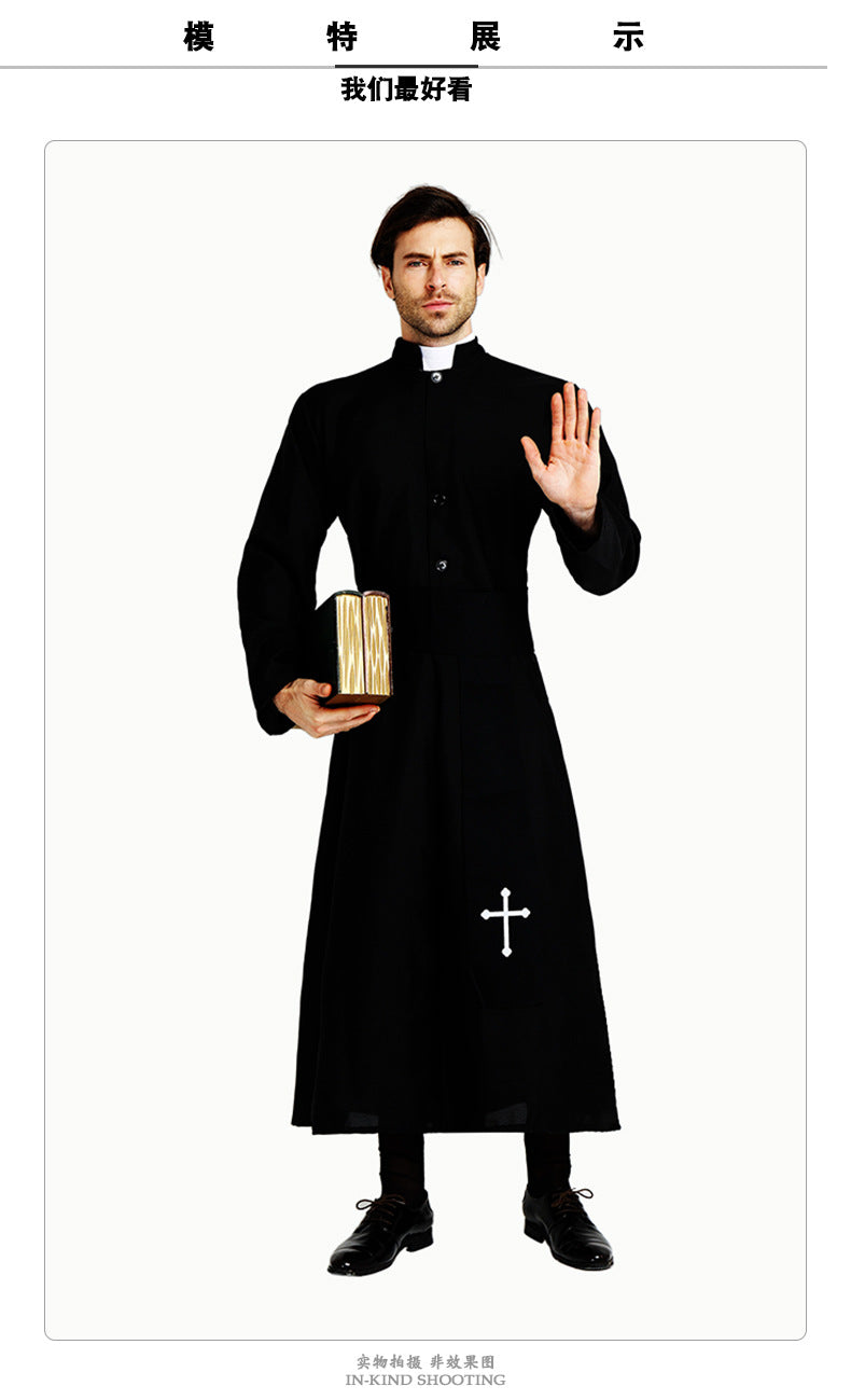 Halloween Costume Drama Stage Performance Costume Male Noble Black Robe Priest Western Party Cosplay Costume