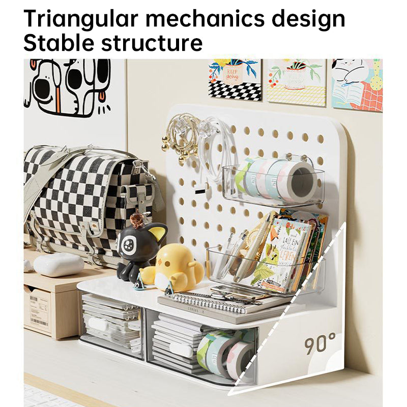 Adorable Desk Organizer with Hook Drawer,Hole Board,Card Display Stand,Desktop Storage Box,Stationery Storage Rack Cream Style
