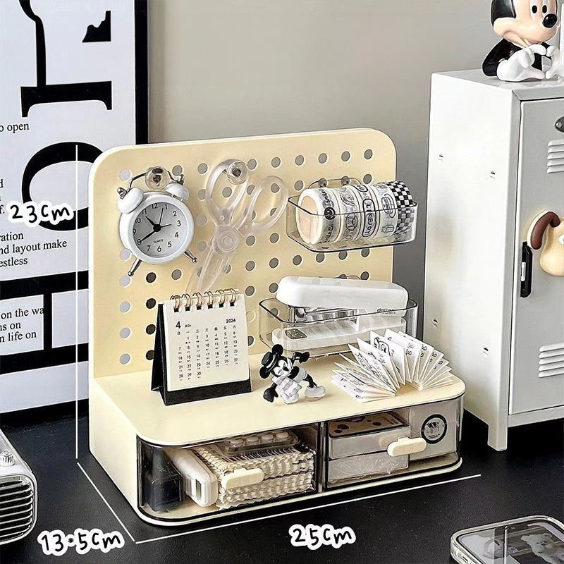 Adorable Desk Organizer with Hook Drawer,Hole Board,Card Display Stand,Desktop Storage Box,Stationery Storage Rack Cream Style