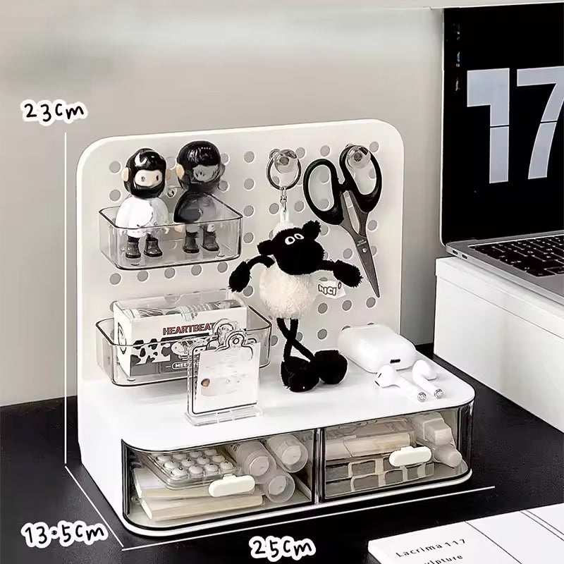Adorable Desk Organizer with Hook Drawer,Hole Board,Card Display Stand,Desktop Storage Box,Stationery Storage Rack Cream Style