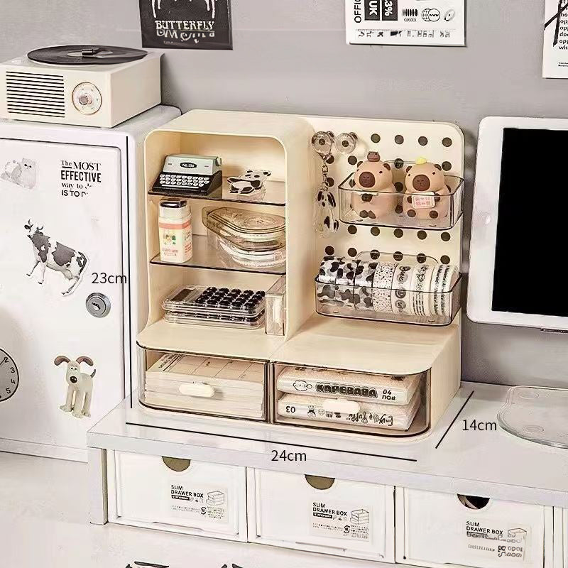 Adorable Desk Organizer with Hook Drawer,Hole Board,Card Display Stand,Desktop Storage Box,Stationery Storage Rack Cream Style