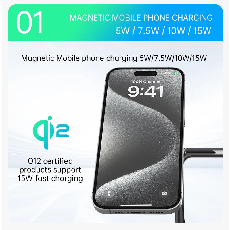 QI2 Wireless Charging Station for Apple / Samsung 3 in 1 Charger Stand Dock for iPhone 12-16 AirPods Apple Watch 10 9 8 7 6 5