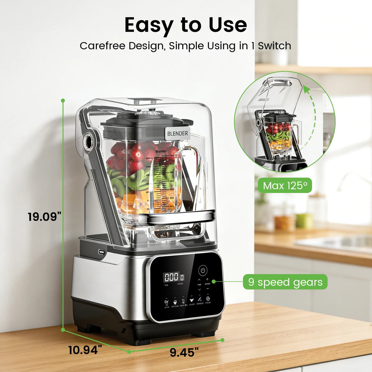68oz Commercial Blender with Quiet Shield 2200W 6 in 1 Countertop Food Processor Easy Cleaning, for Juice, Ice Shakes, Smoothies