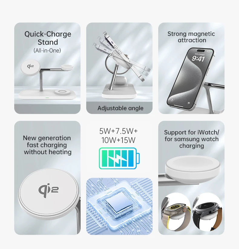 QI2 Wireless Charging Station for Apple / Samsung 3 in 1 Charger Stand Dock for iPhone 12-16 AirPods Apple Watch 10 9 8 7 6 5