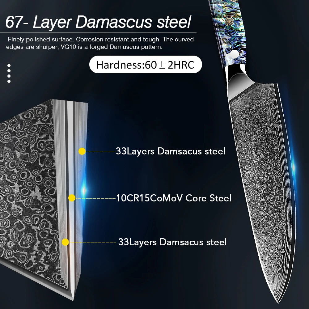 Damascus Knife Chef Knife Japanes VG10 67 Layer Steel Cleaver Paring Bread Knife Lasting Sharp Abalone Shell Handle Kitchen Gift