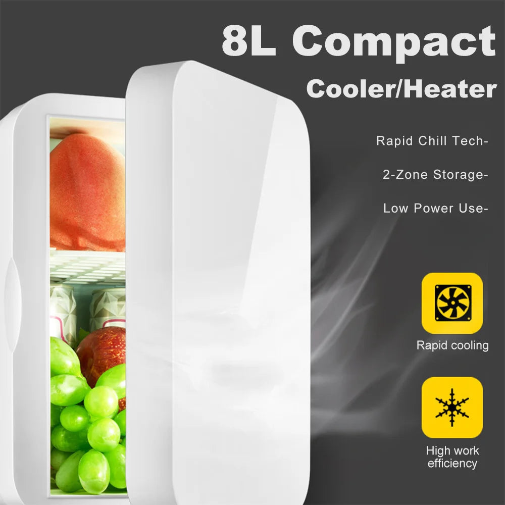 Portable Vehicle Refrigerator 8L Mini Compact Fridge Cooling Heating For Skin Care Cosmetic Beverages Drinks Office Dorm and Car