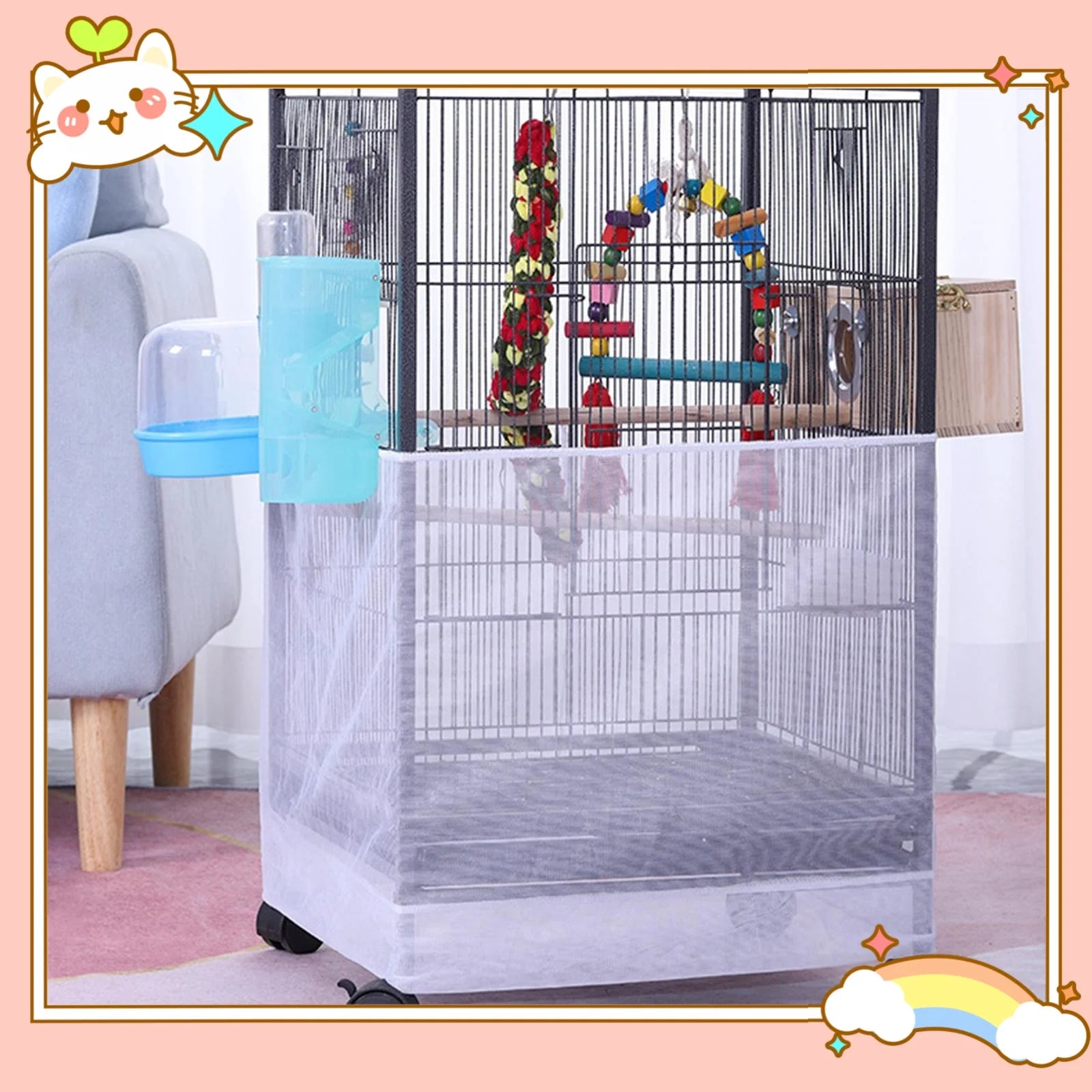 Bird Cage Mesh Cover Parrot Cage Catcher Cover for Cockatiel Parrot Budgies Indoor Covering Birdcage Elastic Cover Protector