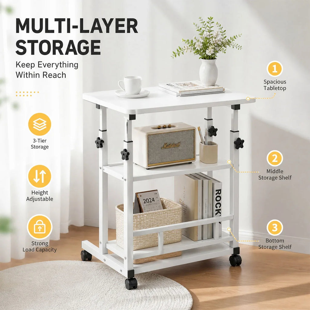 Adjustable Height Side Table with Wheels 3-Tier Storage Rolling