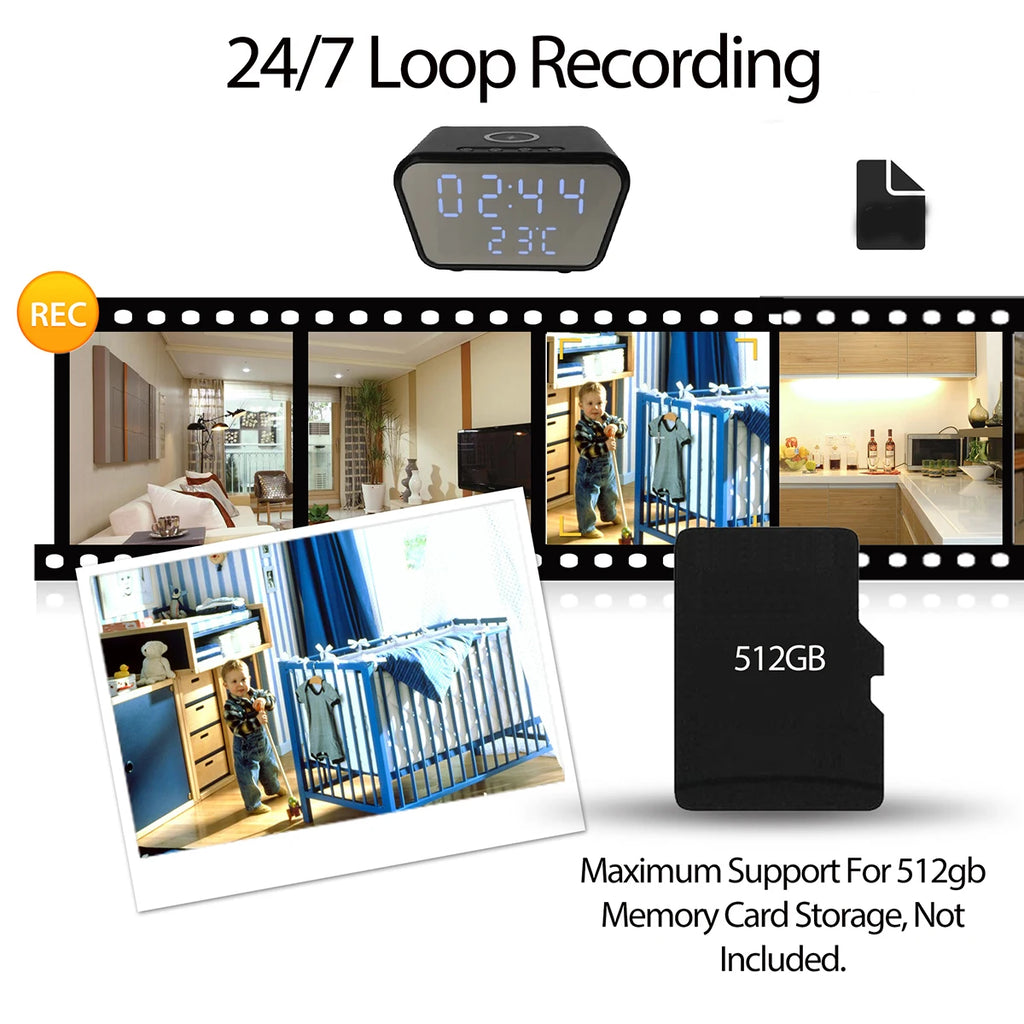 4K UHD Camera Wireless Charger, 5-in-1 WiFi6 Home Security Monitor with Clock Alarm Thermometer, Motion Detection, Storage