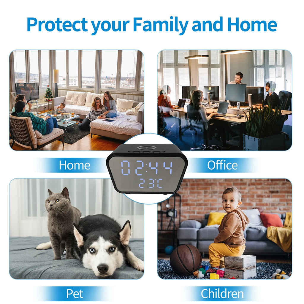 4K UHD Camera Wireless Charger, 5-in-1 WiFi6 Home Security Monitor with Clock Alarm Thermometer, Motion Detection, Storage