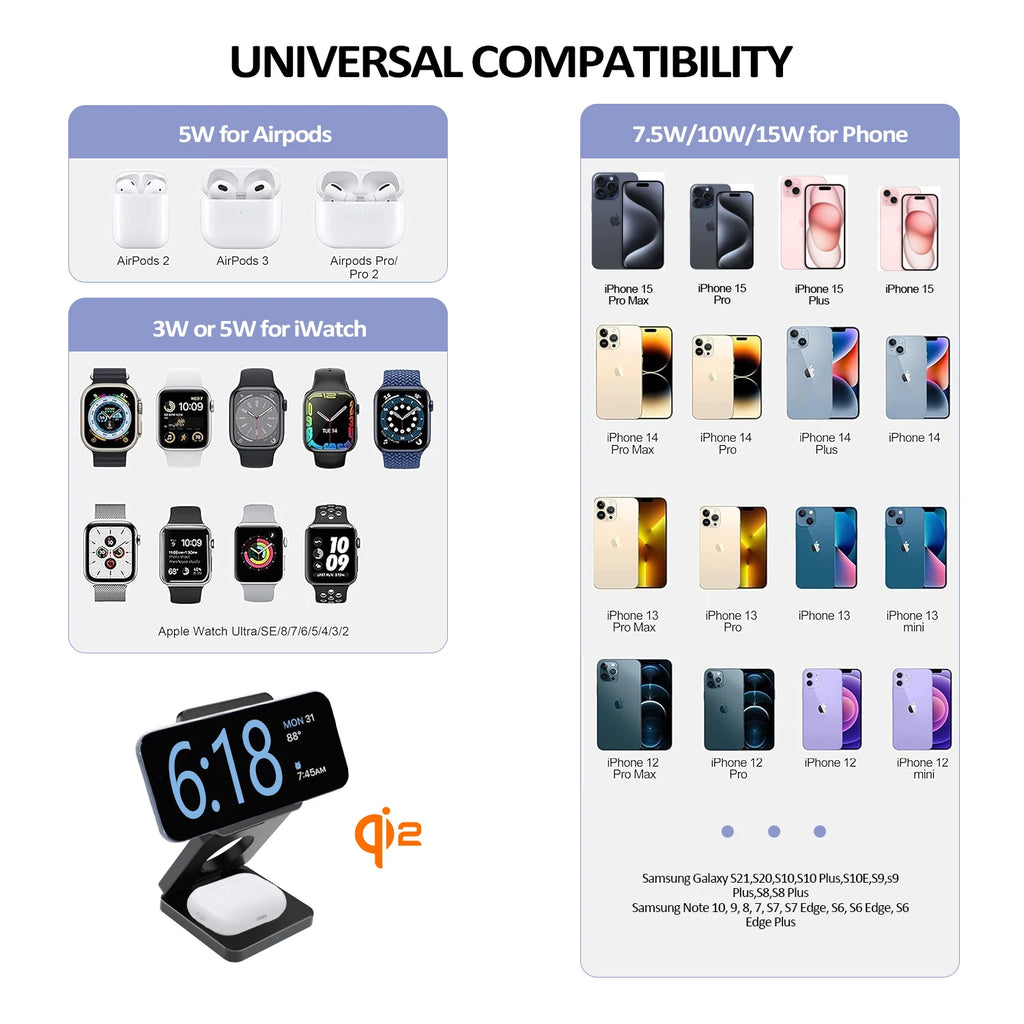 3 in 1 Wireless Charger Qi2 15W For iPhone 16 15 14 13 12 Fast Charging Station For Apple Watch 9 8 7 6 5 for Airpods pro stand