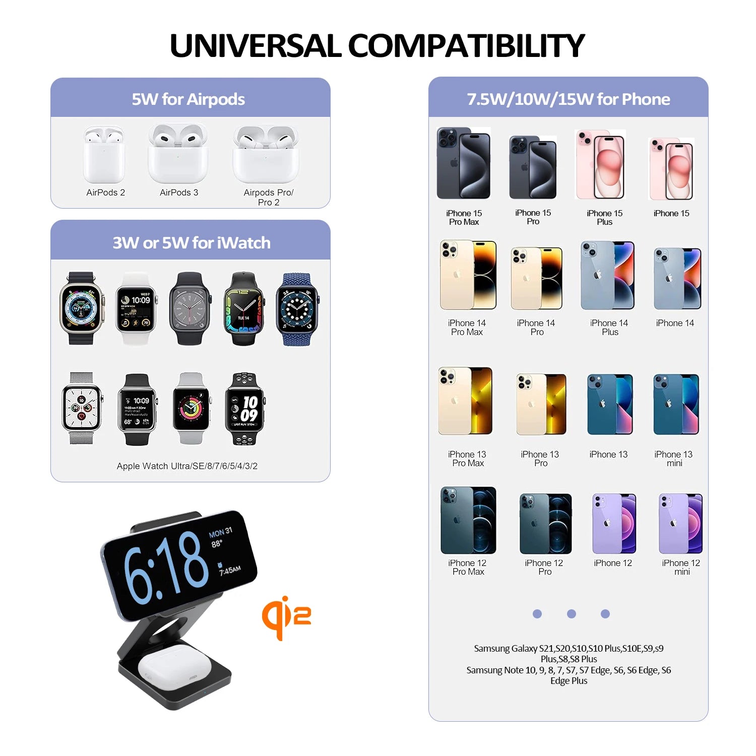 3 in 1 Wireless Charger Qi2 15W For iPhone 16 15 14 13 12 Fast Charging Station For Apple Watch 9 8 7 6 5 for Airpods pro stand