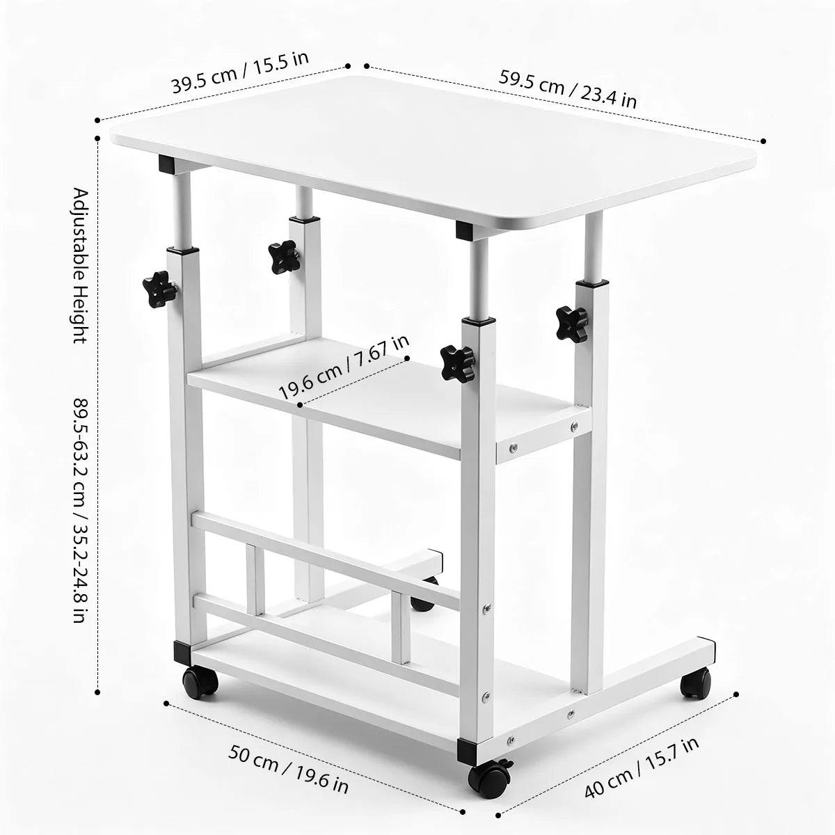 Adjustable Height Side Table with Wheels 3-Tier Storage Rolling
