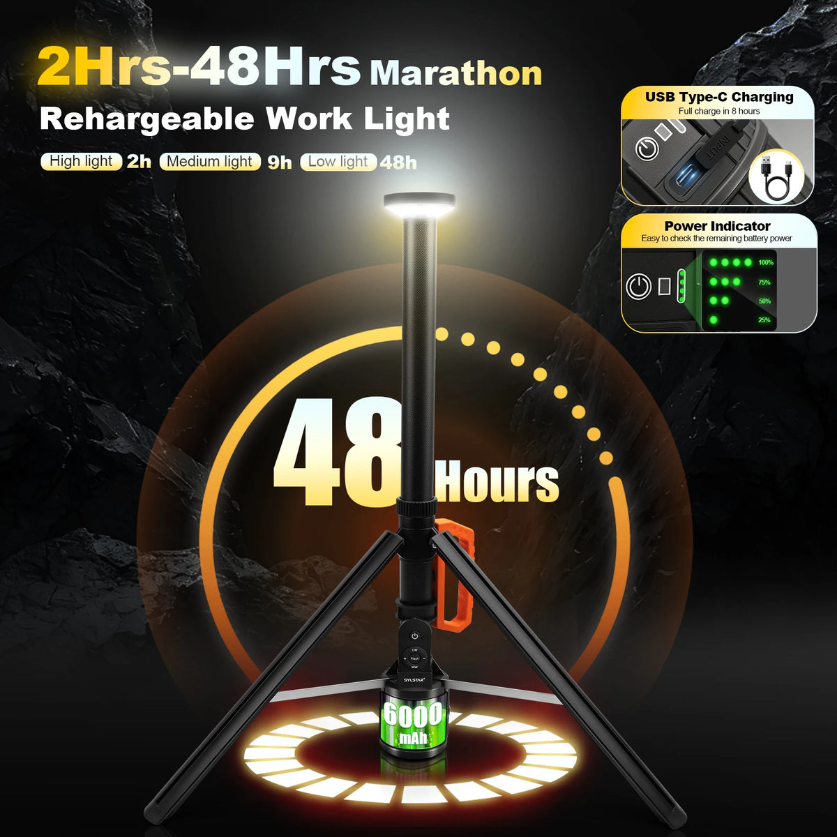 360° Rechargeable Work Light Remote Control 8.4Ft Max Height