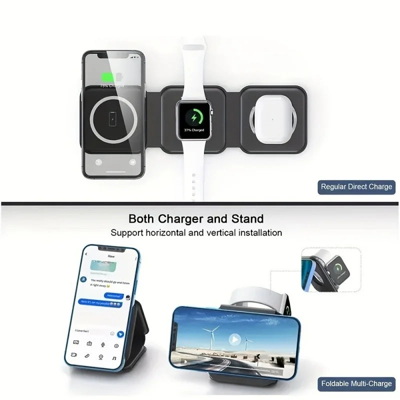 3 in 1 Fast Charging Wireless Magnetic Charger for iPhone 16 15 14 Pro Max Airpods iWatch Foldable Mobile Phone Wireless Charger