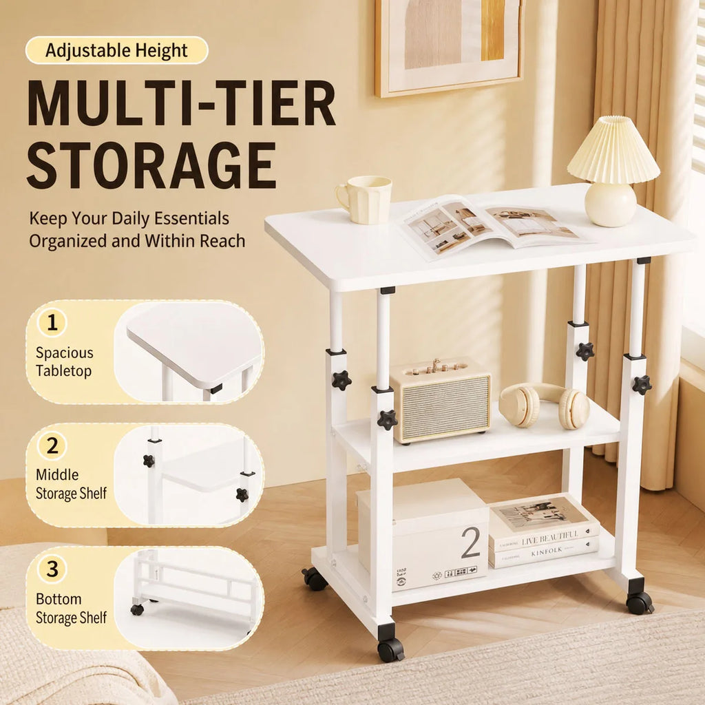 Adjustable Height Side Table with Wheels 3-Tier Storage Rolling