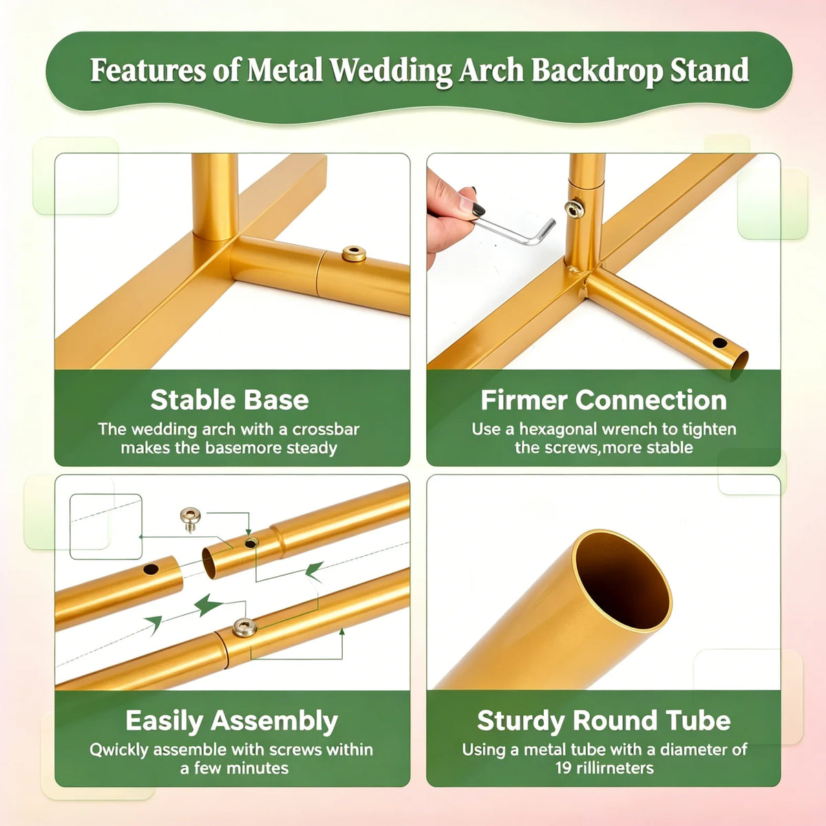 Gold Metal Wedding Arch Backdrop Stand 6FT &amp;7.2FT Heavy‑Duty