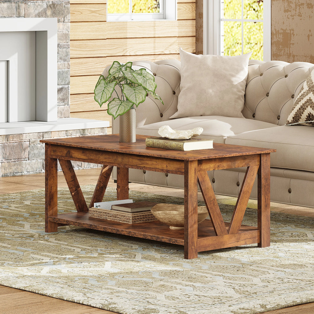 Coffee Table, 43.3 Inch Farmhouse Table with Storage, Rustic
