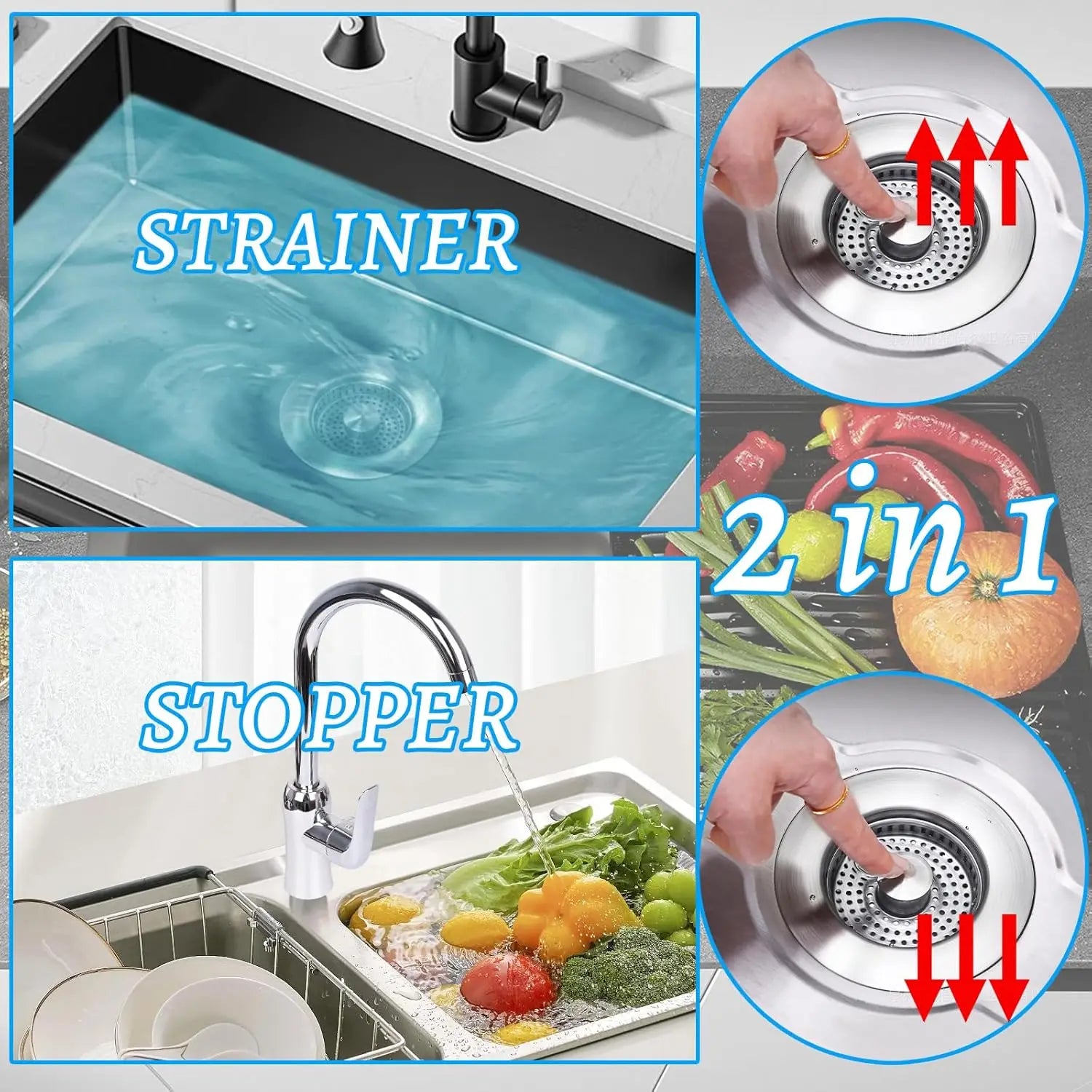 3 in 1 Kitchen Sink Drain Strainer,Universal Stainless Steel Kitchen Sink Stopper, Pop Up Anti-Clogging for 3-1/2 Inch US Standa