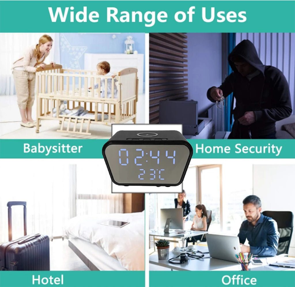 4K UHD Camera Wireless Charger, 5-in-1 WiFi6 Home Security Monitor with Clock Alarm Thermometer, Motion Detection, Storage