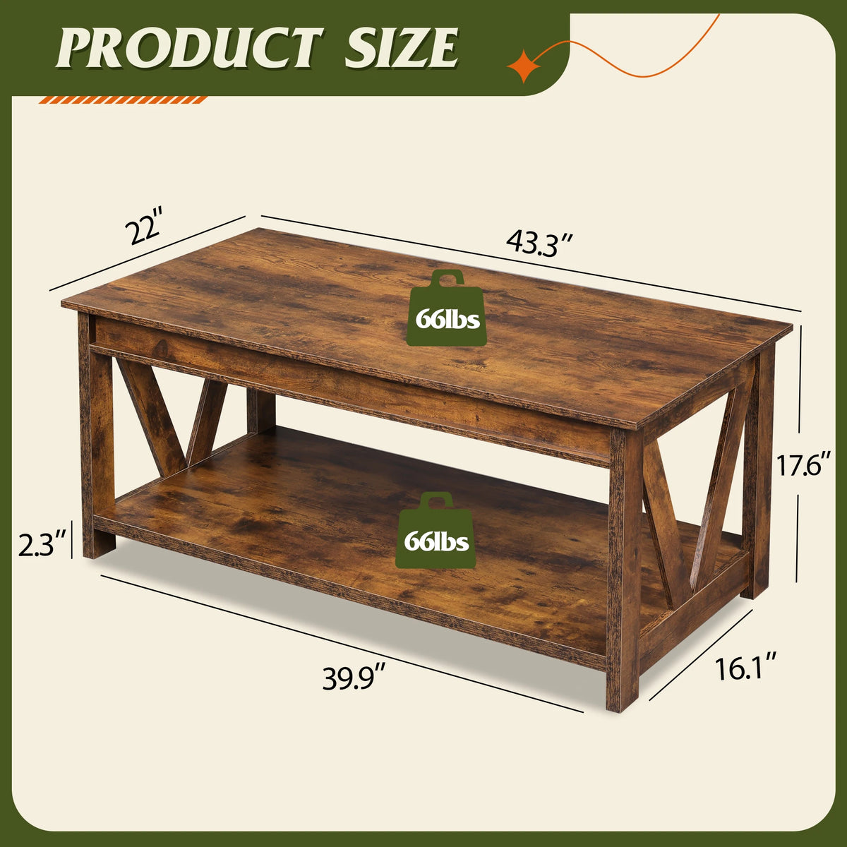 Coffee Table, 43.3 Inch Farmhouse Table with Storage, Rustic