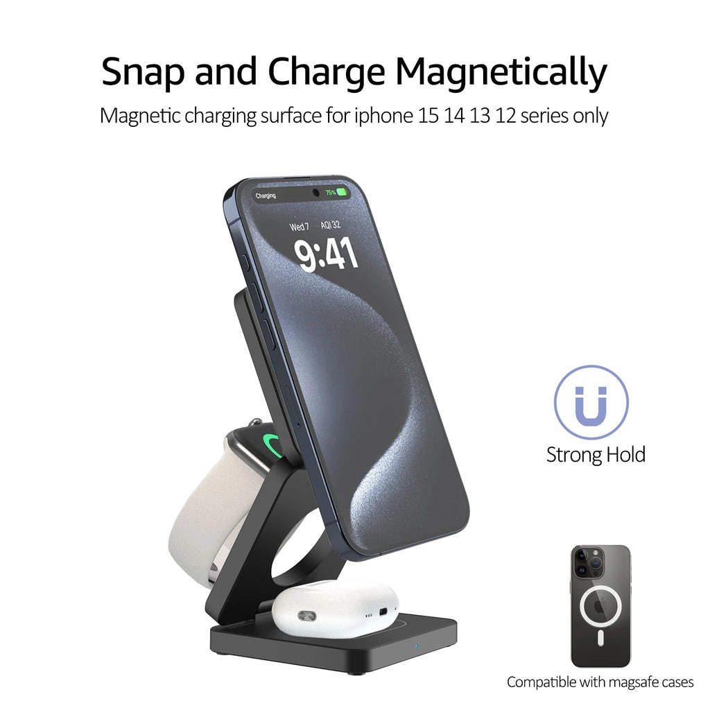 3 in 1 Wireless Charger Qi2 15W For iPhone 16 15 14 13 12 Fast Charging Station For Apple Watch 9 8 7 6 5 for Airpods pro stand