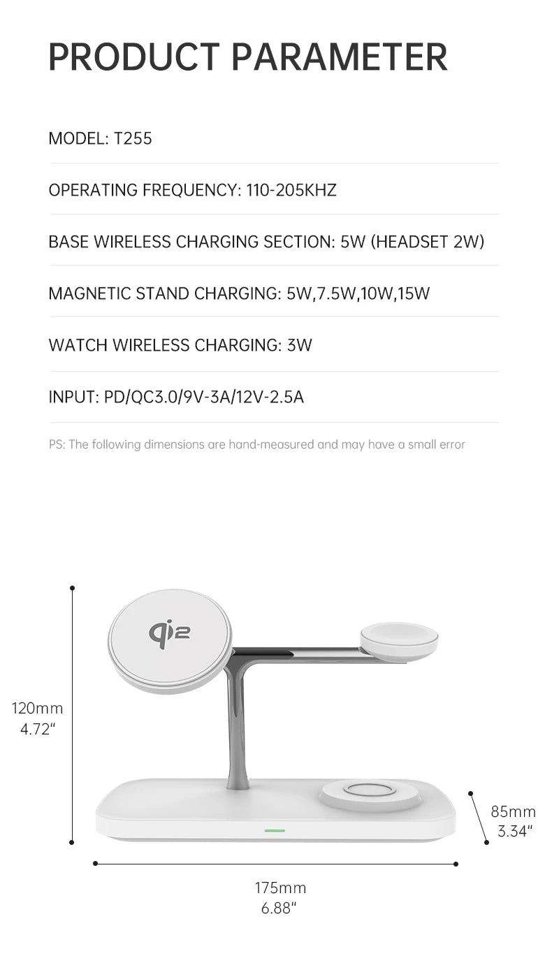 QI2 Wireless Charging Station for Apple / Samsung 3 in 1 Charger Stand Dock for iPhone 12-16 AirPods Apple Watch 10 9 8 7 6 5