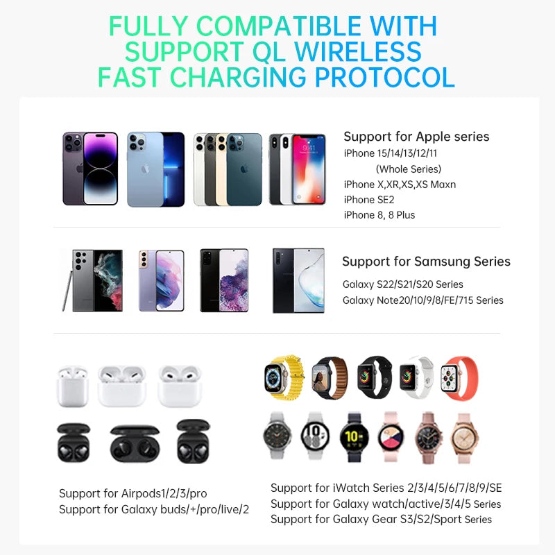 QI2 Wireless Charging Station for Apple / Samsung 3 in 1 Charger Stand Dock for iPhone 12-16 AirPods Apple Watch 10 9 8 7 6 5