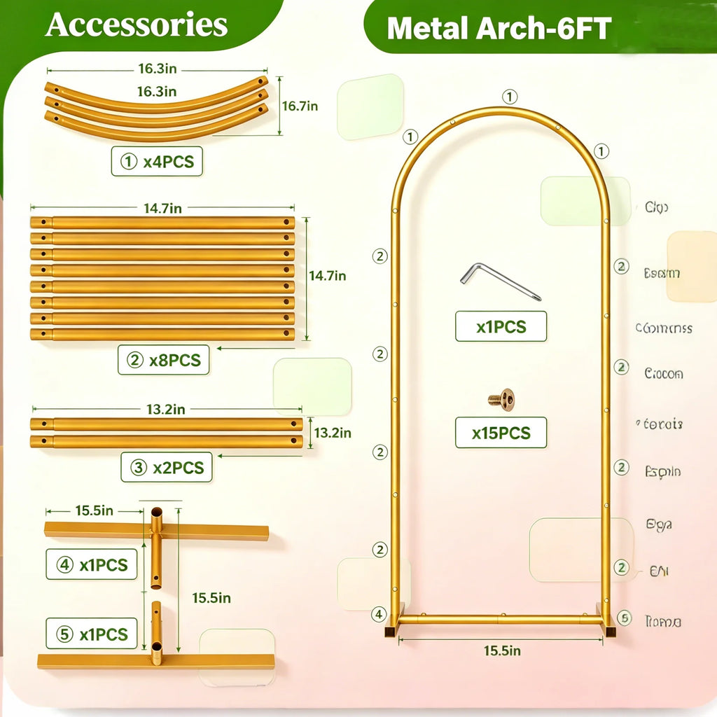 Gold Metal Wedding Arch Backdrop Stand 6FT &amp;7.2FT Heavy‑Duty