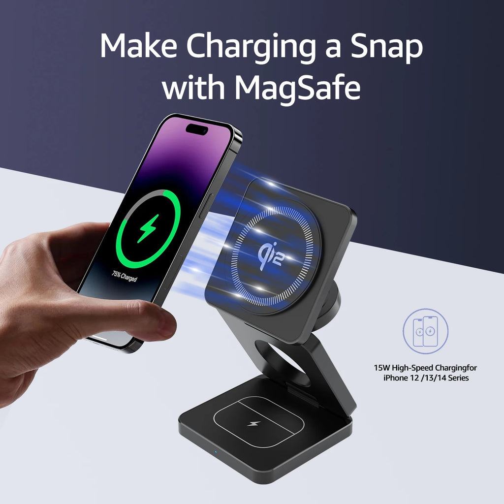 3 in 1 Wireless Charger Qi2 15W For iPhone 16 15 14 13 12 Fast Charging Station For Apple Watch 9 8 7 6 5 for Airpods pro stand