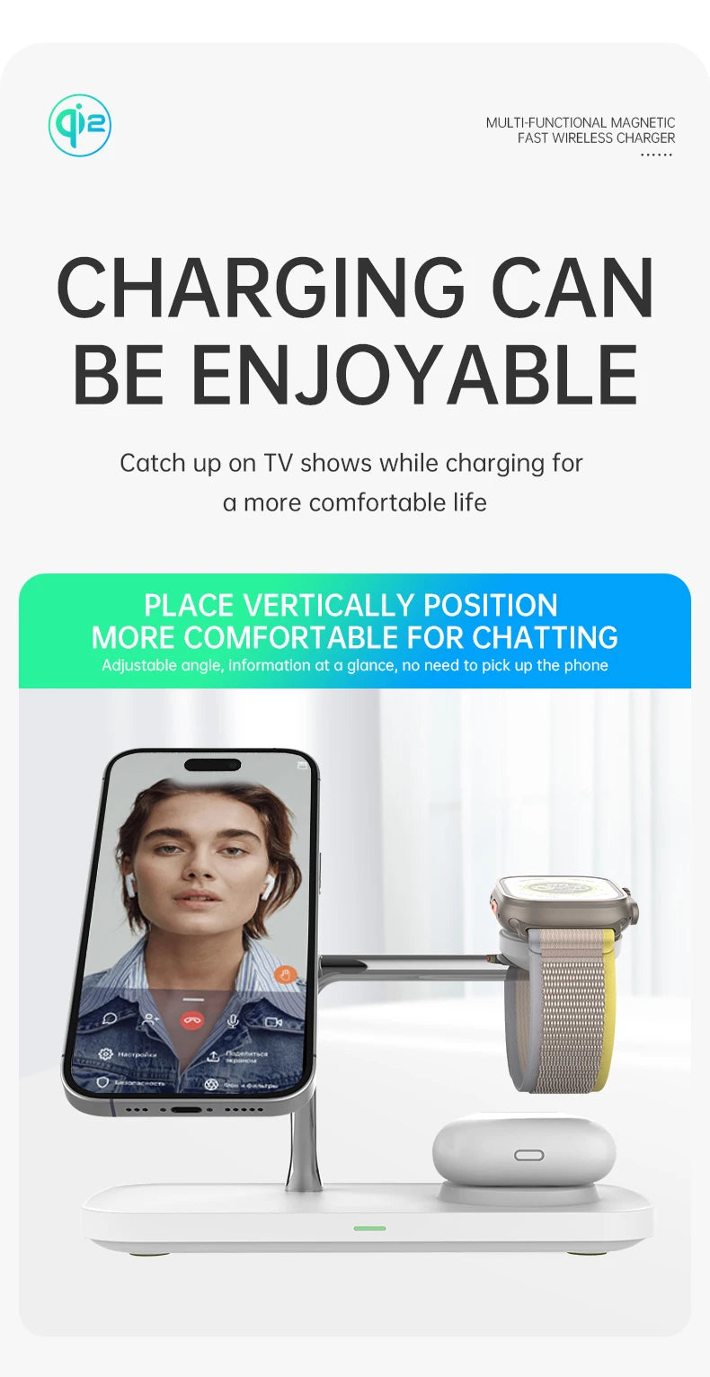 QI2 Wireless Charging Station for Apple / Samsung 3 in 1 Charger Stand Dock for iPhone 12-16 AirPods Apple Watch 10 9 8 7 6 5