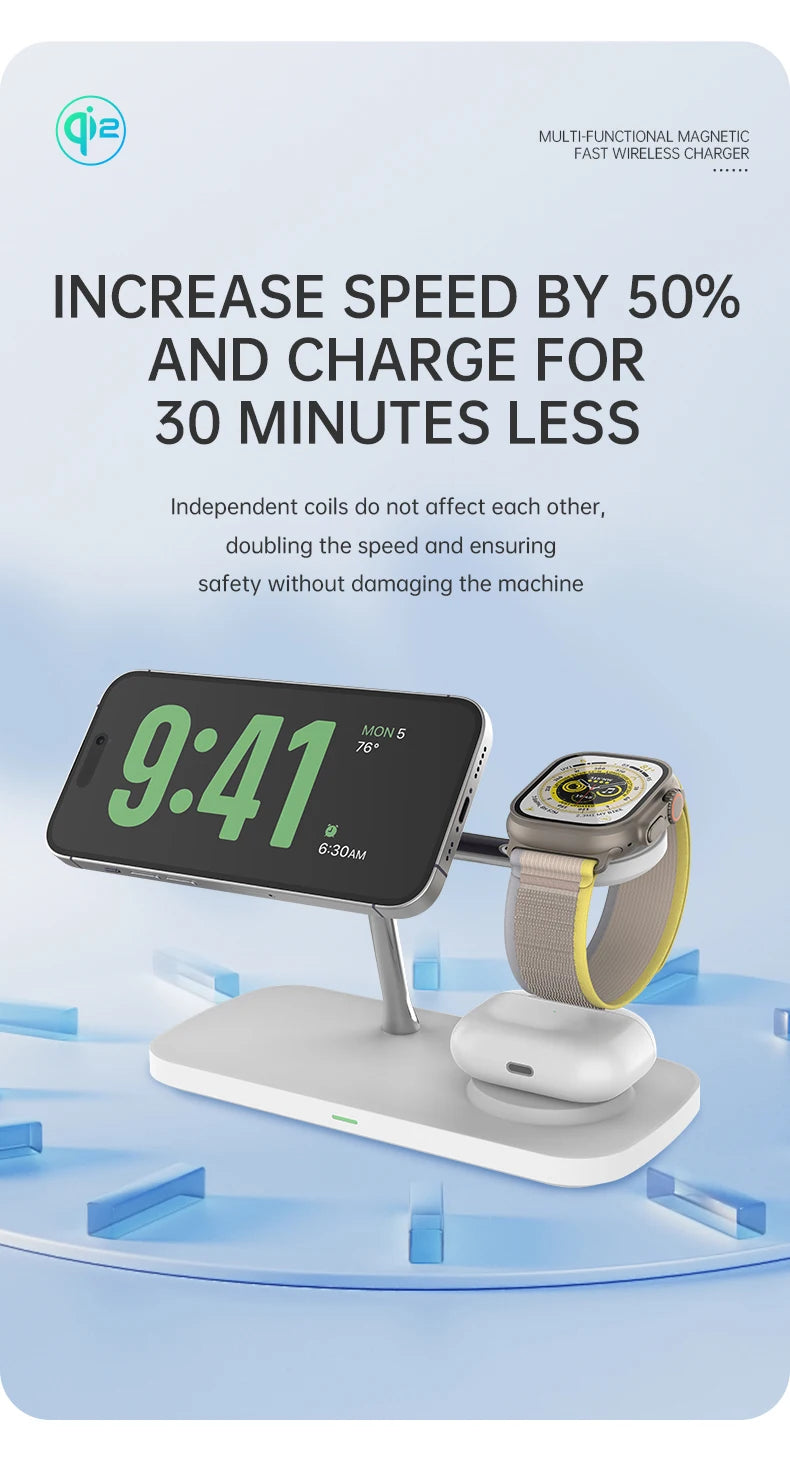 QI2 Wireless Charging Station for Apple / Samsung 3 in 1 Charger Stand Dock for iPhone 12-16 AirPods Apple Watch 10 9 8 7 6 5