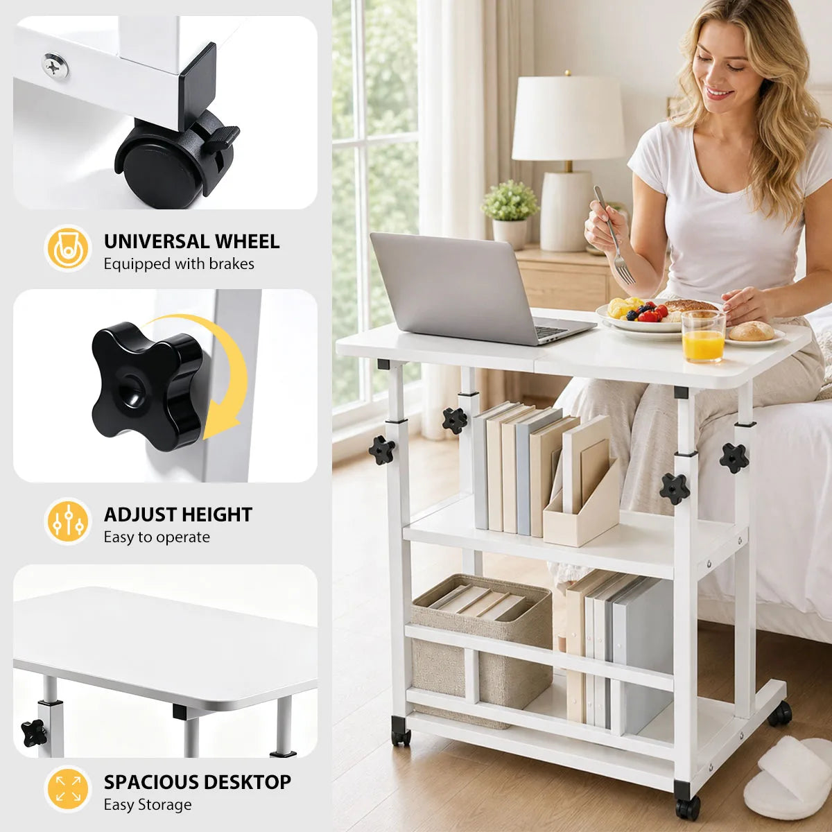 Adjustable Height Side Table with Wheels 3-Tier Storage Rolling