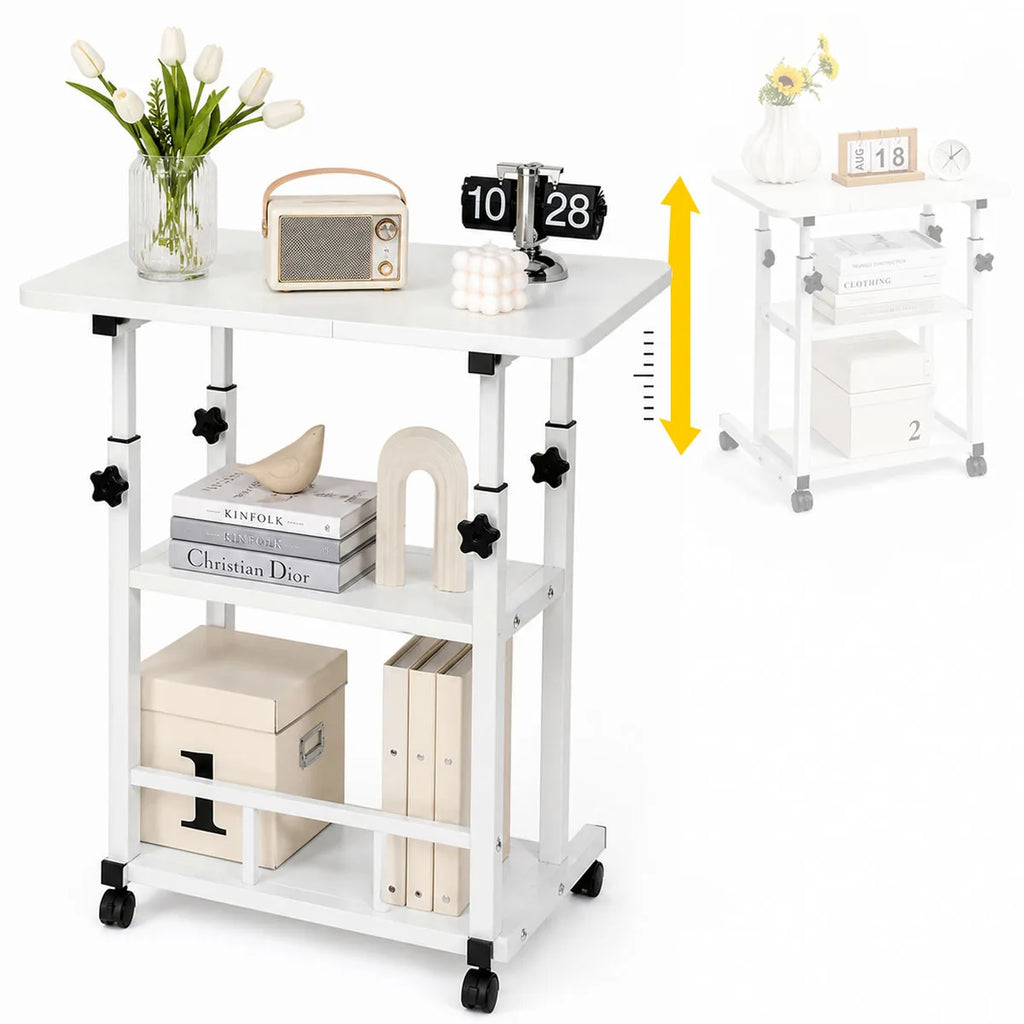 Adjustable Height Side Table with Wheels 3-Tier Storage Rolling