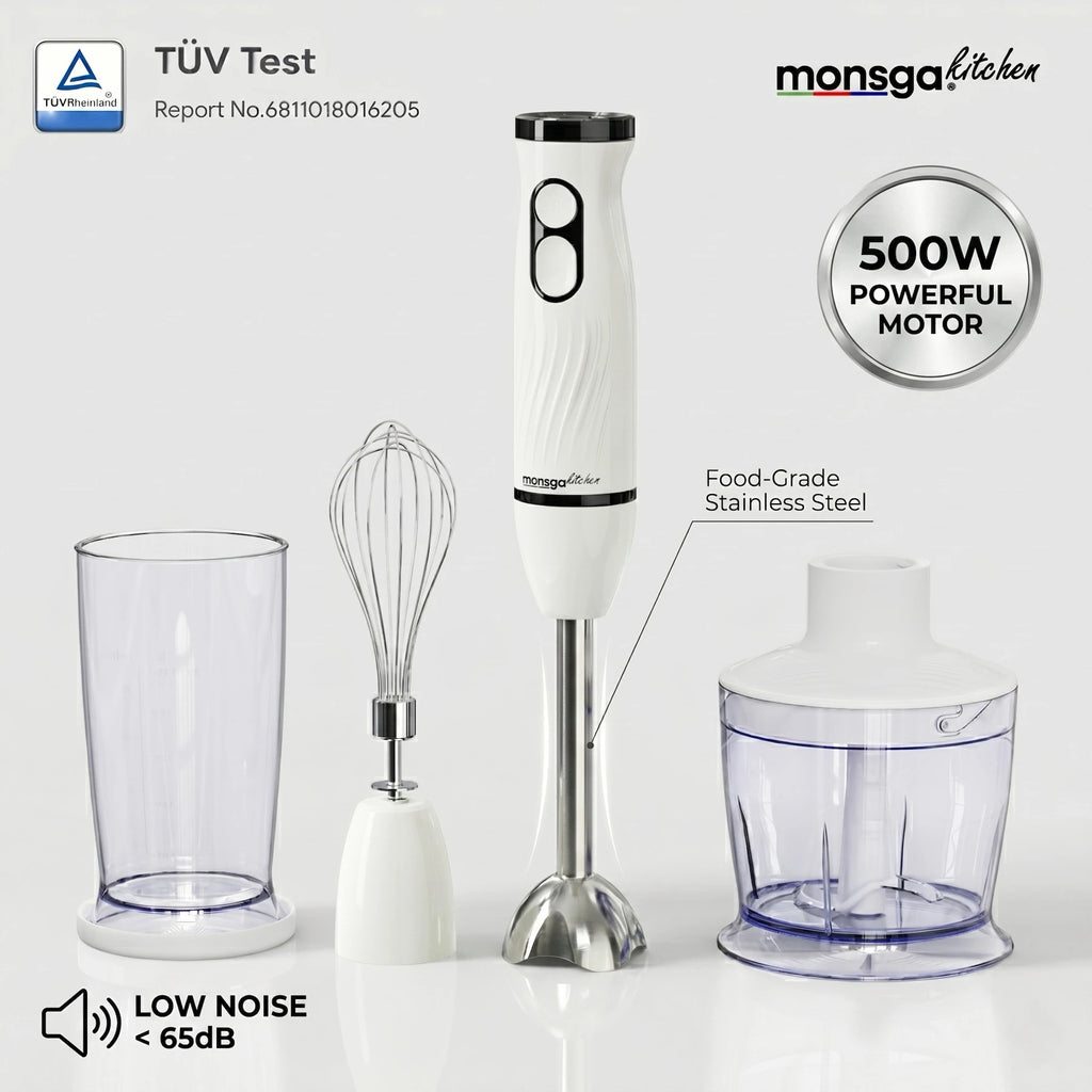 MONSGA Electric Immersion Hand Blender 4 in 1, 2 Speed Detachable Stick Mixer, Egg Whisk, Milk Frother, Vegetable Chopper, Meat Grinder, Juice Mixing Cup for Kitchen Smoothies Soup Baby Food