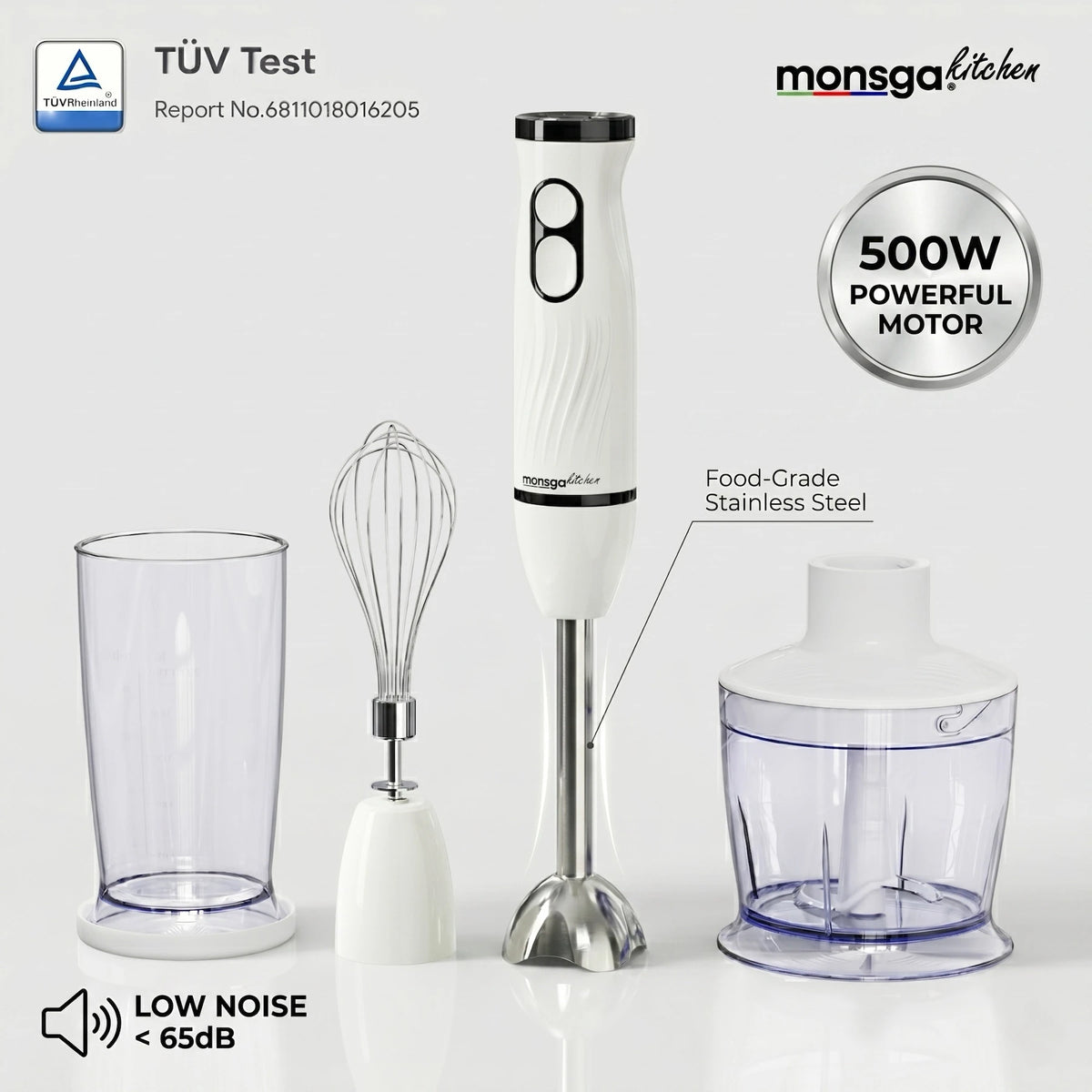 MONSGA Electric Immersion Hand Blender 4 in 1, 2 Speed Detachable Stick Mixer, Egg Whisk, Milk Frother, Vegetable Chopper, Meat Grinder, Juice Mixing Cup for Kitchen Smoothies Soup Baby Food