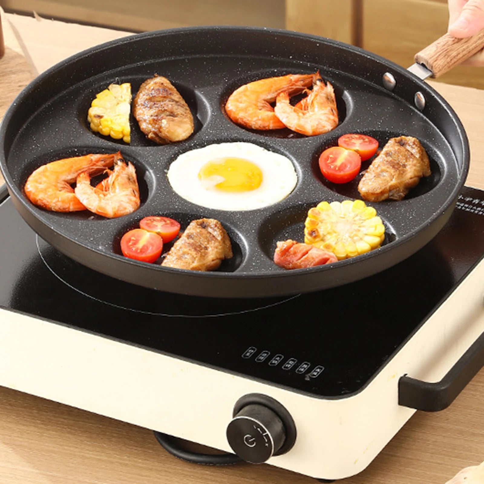 Seven-Hole Egg Frying Pan Non-Stick Frying Pan Household Frying Pan Egg Burger Breakfast Mold Induction Cooker For Outdoor Camp
