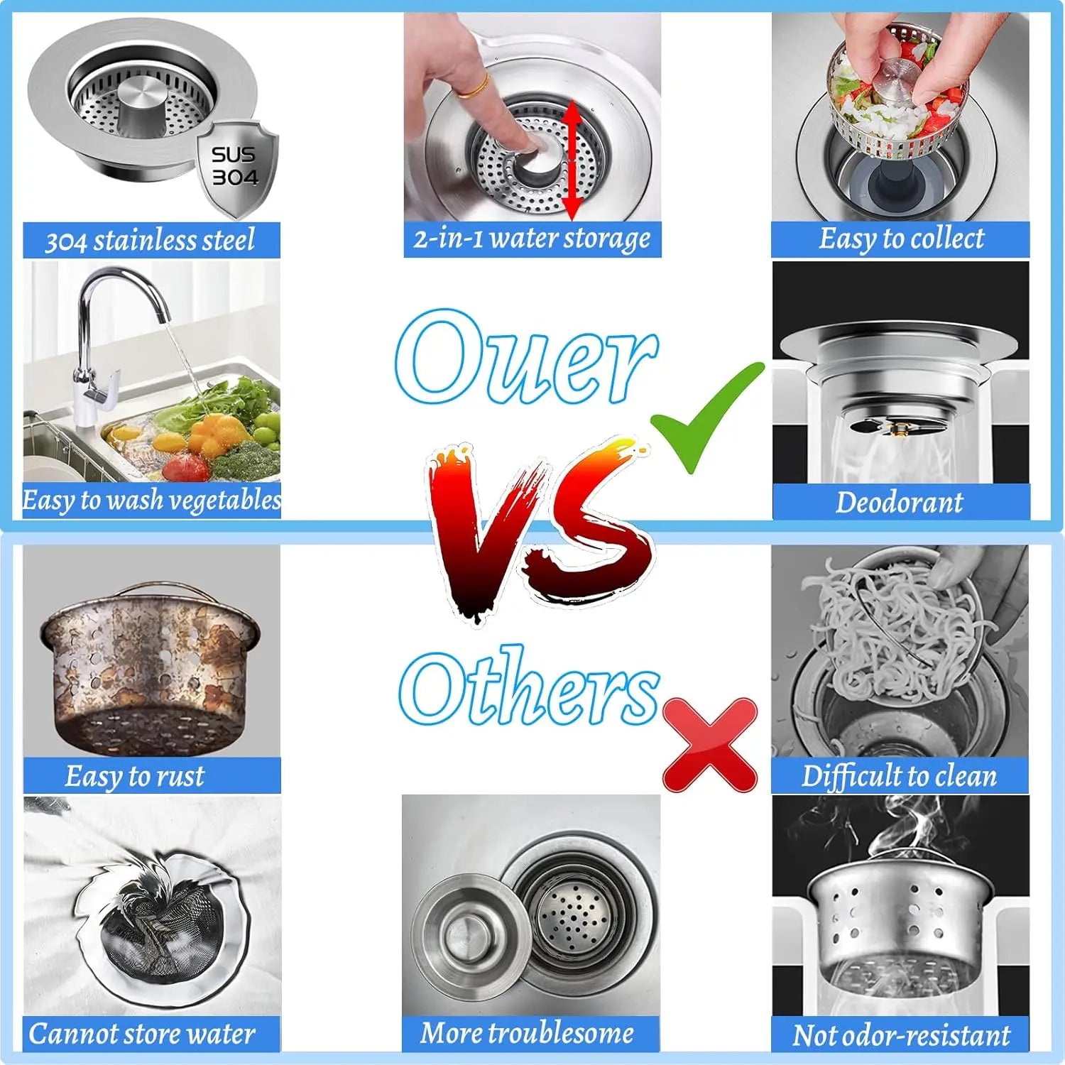 3 in 1 Kitchen Sink Drain Strainer,Universal Stainless Steel Kitchen Sink Stopper, Pop Up Anti-Clogging for 3-1/2 Inch US Standa