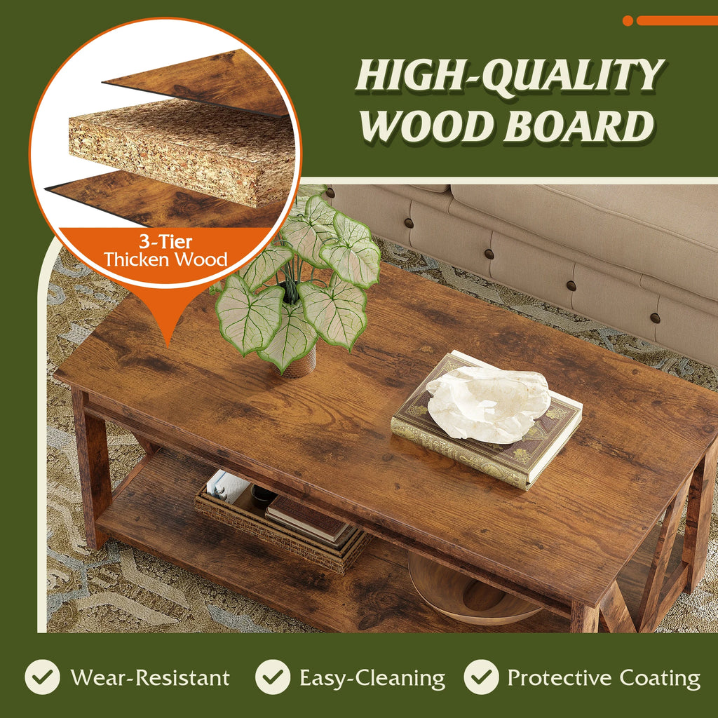 Coffee Table, 43.3 Inch Farmhouse Table with Storage, Rustic