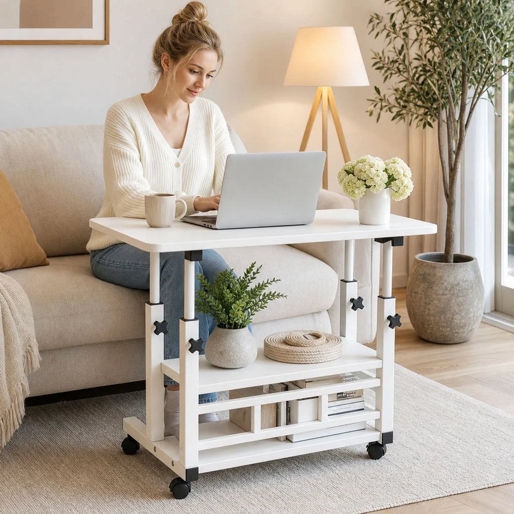 Adjustable Height Side Table with Wheels 3-Tier Storage Rolling