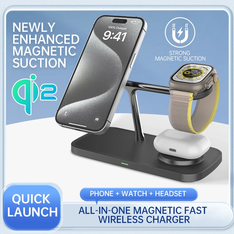 QI2 Wireless Charging Station for Apple / Samsung 3 in 1 Charger Stand Dock for iPhone 12-16 AirPods Apple Watch 10 9 8 7 6 5