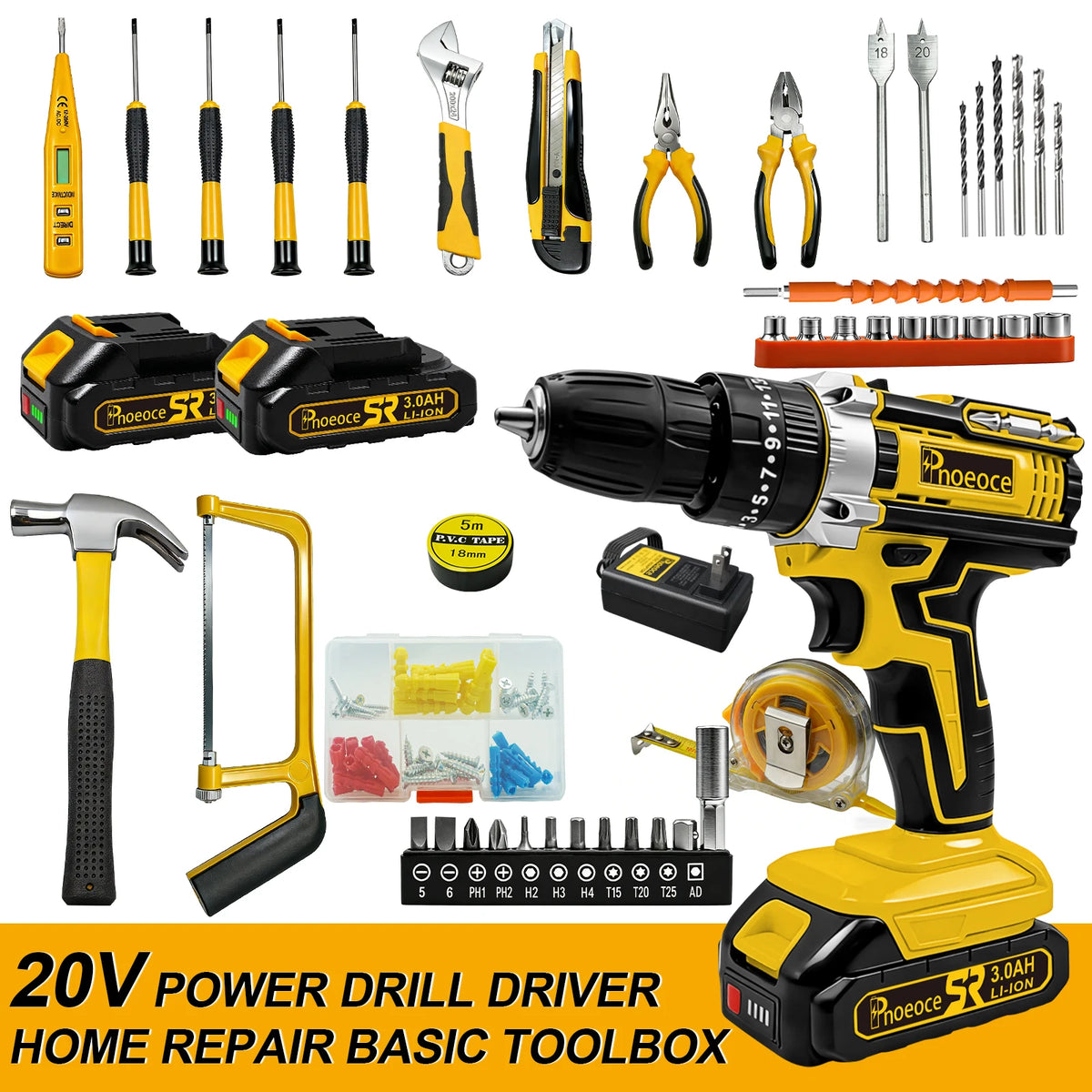 Pnoeoce 20V Cordless Power Drill Driver Kit with 3.0Ah