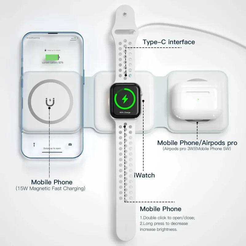 3 in 1 Fast Charging Wireless Magnetic Charger for iPhone 16 15 14 Pro Max Airpods iWatch Foldable Mobile Phone Wireless Charger