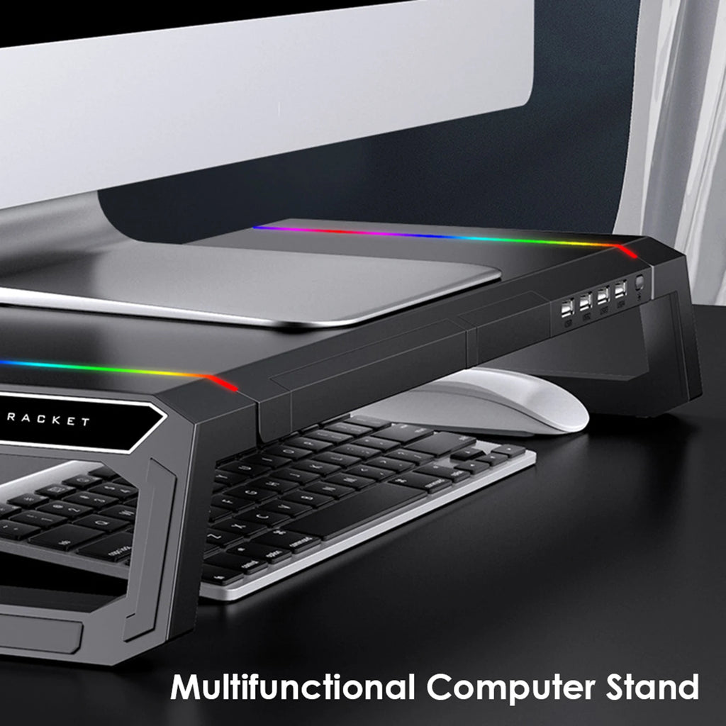 Aluminum RGB Monitor Stand Riser Bracket with 4 USB Ports Desk Organizer All-In-One Computer Laptop Height Stand Holder