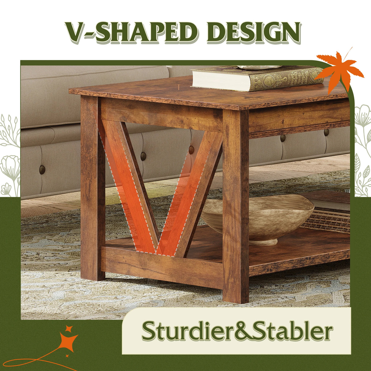 Coffee Table, 43.3 Inch Farmhouse Table with Storage, Rustic