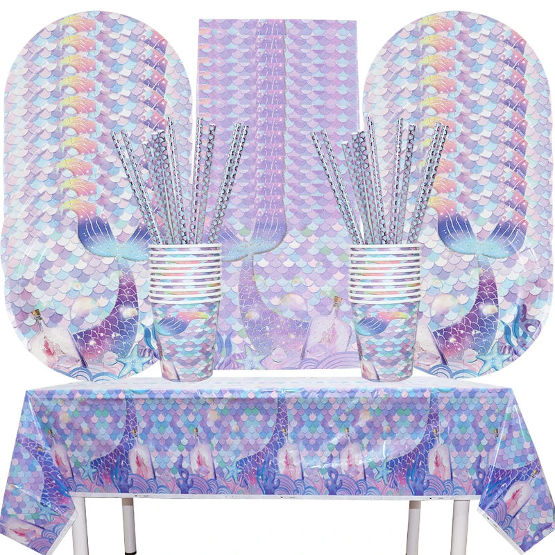 Mermaid Birthday Party Decoration Disposable Tableware Set Little Mermaid Tail Plates Girl Mermaid Party Supplies Wedding Decor